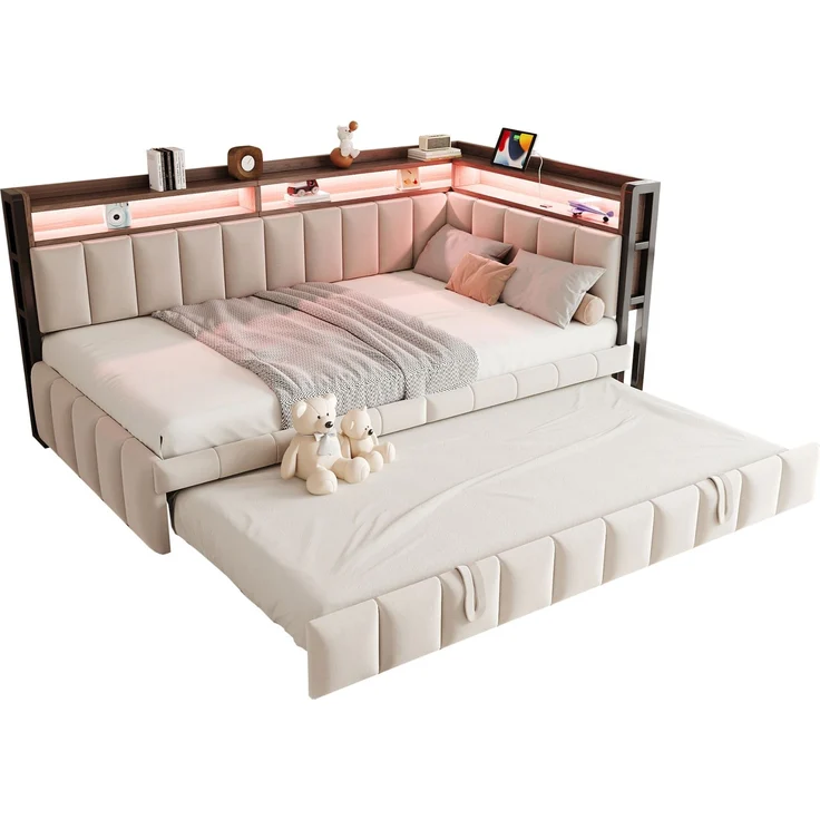 CHICFURN Bett Schlafsofa aus Samtstoff Beige 90x200 cm mit Ausziehbett, LED-Beleuchtung und USB- und Type-C-Anschlüssen – Bild 7