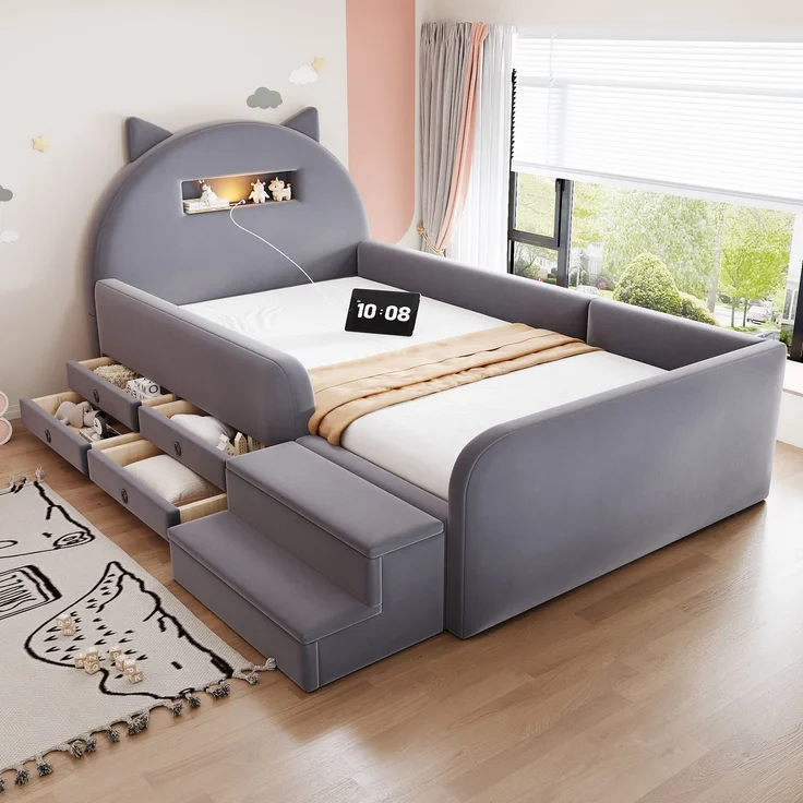 LVHOM Kinderbett 90x200cm mit Rausfallschutz, Polsterbett mit Nachtlicht, USB, Schubladen und Stufenbank, Samt, Dunkelgrau – Bild 1