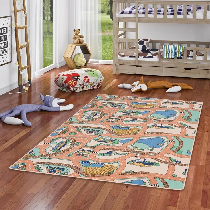Snapstyle Kinder- und Spielteppich, 100% Polyamid, Strassenteppich Beige, 80x160 cm