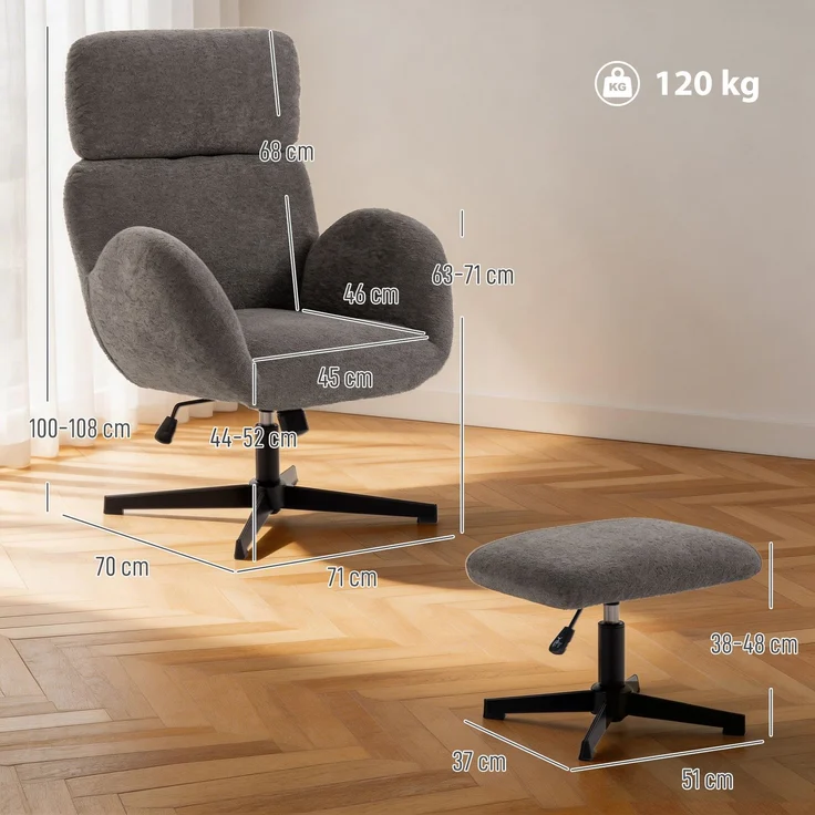 MELAYR, Drehbarer Sessel mit Fußhocker, 71 x 70 x 108 cm, Grau – Bild 5
