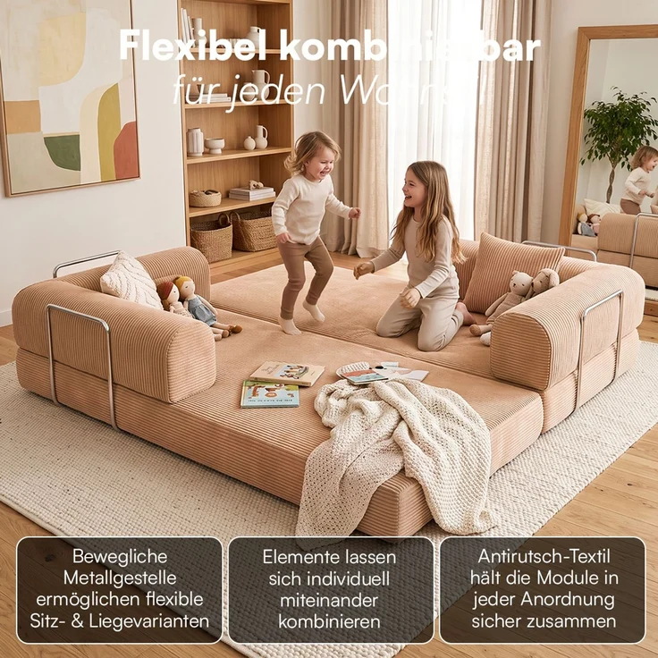 skølm 'Lofn' Modulares Sofa 2 Sitzer, 200x100 cm, Vollschaumcouch mit Metallgestell, Cord lachsrosa, Schlafsofa vakuumverpackt, kein Aufbau erforderlich – Bild 10