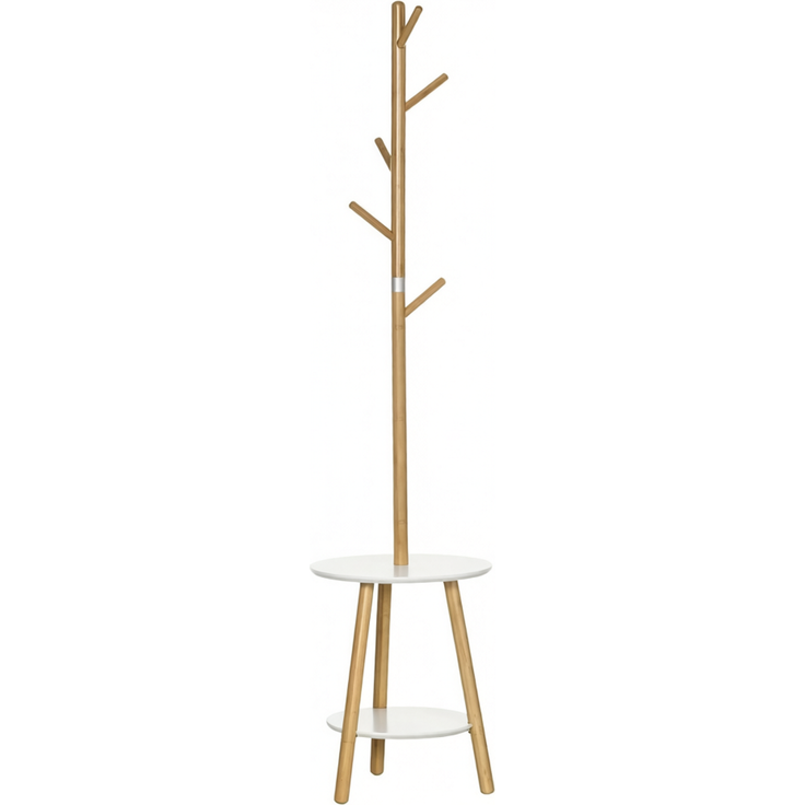 Garderobenständer aus Bambus mit 5 Haken & 2 Ablagen, 39,5x39,5x171 cm, Natur/Weiß – Bild 5