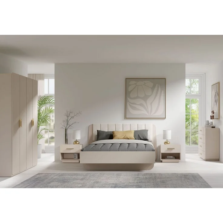 Lukas Möbel Komplettschlafzimmer Designer Schlafzimmer Komplett Lorenz in Beige, Bett mit Bettkasten und Lattenrost, Schrank mit Spiegel – Bild 1
