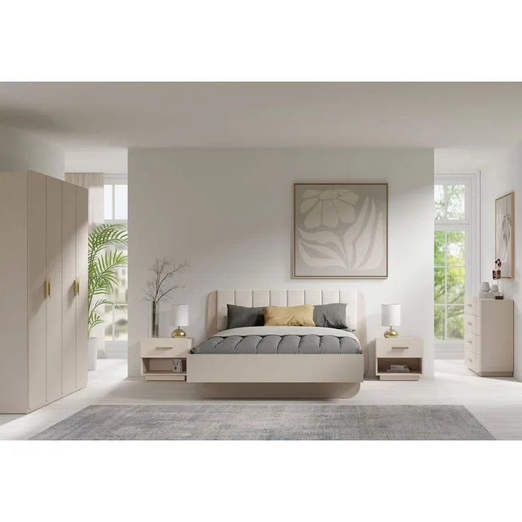 Lukas Möbel Komplettschlafzimmer Designer Schlafzimmer Komplett Lorenz in Beige, Bett mit Bettkasten und Lattenrost, Schrank mit Spiegel