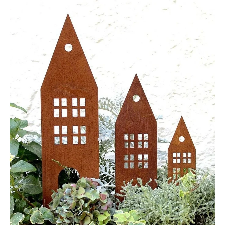 LB H&F Lilienburg Gartenstecker LB H&F Lilienburg Häuser 3er Set Gartendeko Roststecker (Edelrost Gartenfigur Dekofigur Dekohaus Haus Rost Rostdeko) Rost Metall Gartenstecker Beetstecker Dekostecker rostige Deko Garten – Bild 3