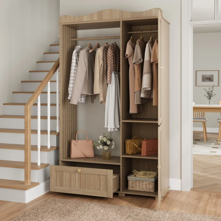 Garderobenschrank mit Spiegel & Offener Kleiderständer – ,Kompaktgarderobe,Praktische Aufbewahrung mit Schublade & 2 Türen, Ideal für Schlafzimmer & Flur--Eiche--115.5x38.5x194.5cm--YOUDENOVA – Bild 10