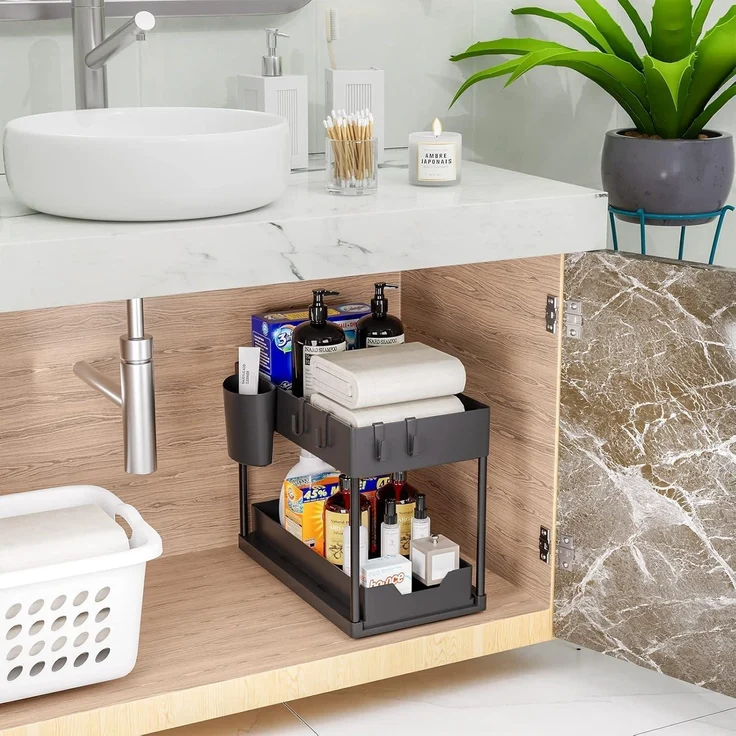 Puricon 2 Set Unter Waschbecken Regal 2 Etagen Küchenregal Schwarz – Bild 8