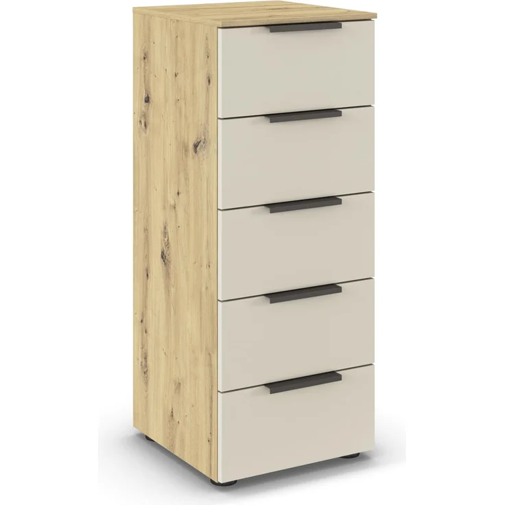Rauch Möbel Flipp, Kommode für Schlafzimmer, Kinderzimmer, Wohnzimmer, Jugendzimmer, Flur, Garderobe, 5 Schubladen, mit Softclose Funktion, Farbe Eiche Artisan, Holz/Beige, Breite 40 cm
