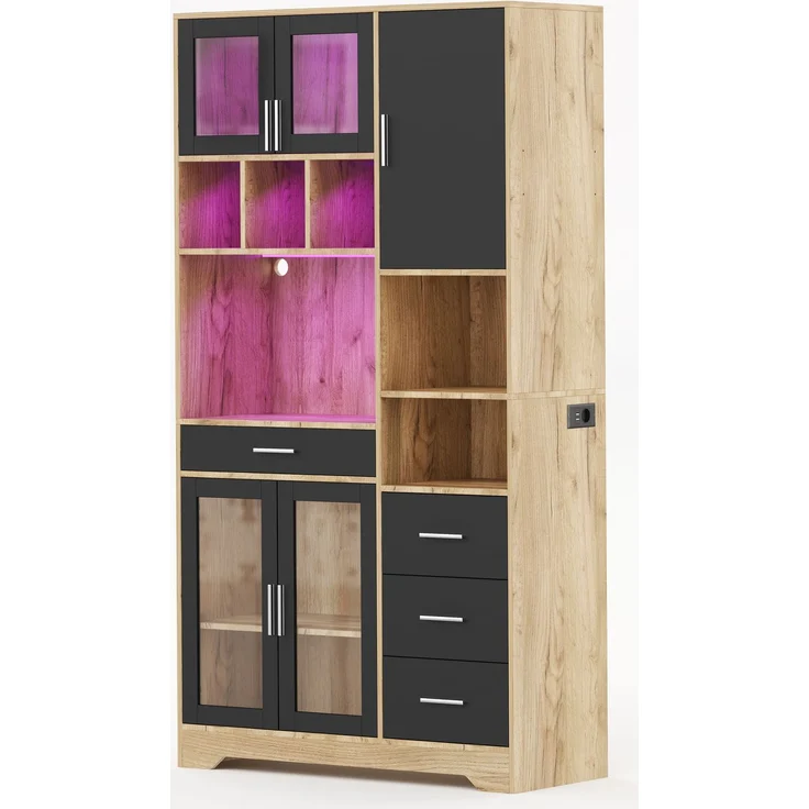 Buffetschrank 100 x 40 x 185 cm, Küchenschrank aus MDF mit LED-Beleuchtung, Steckdose und Glastüren – Bild 6