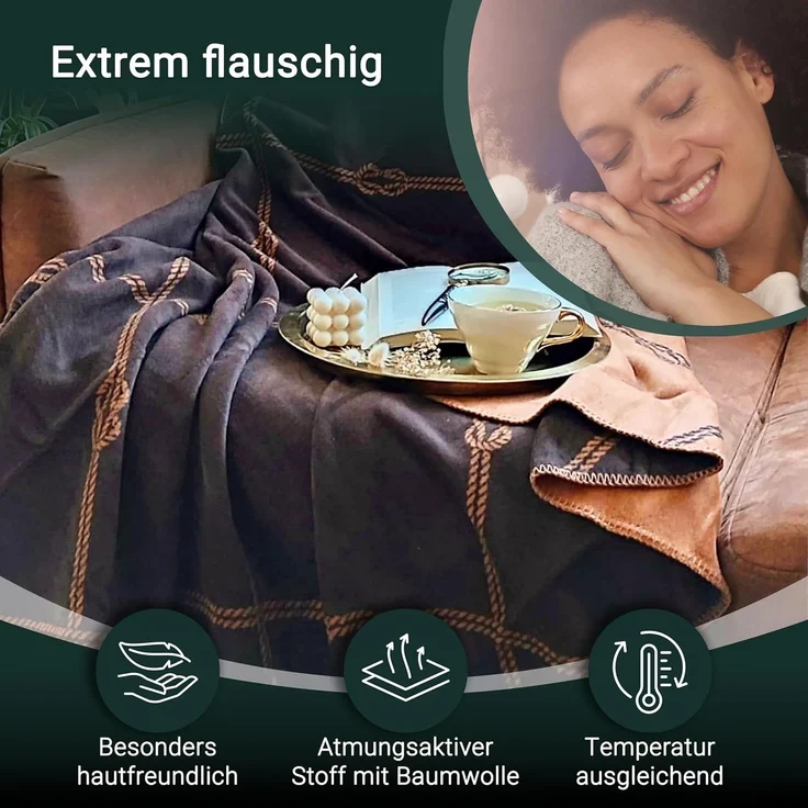 ZOLLNER Kuscheldecke flauschig in 150x200 cm, kuschelige und weiche Sofadecke, waschbar, braum-caramel – Bild 3