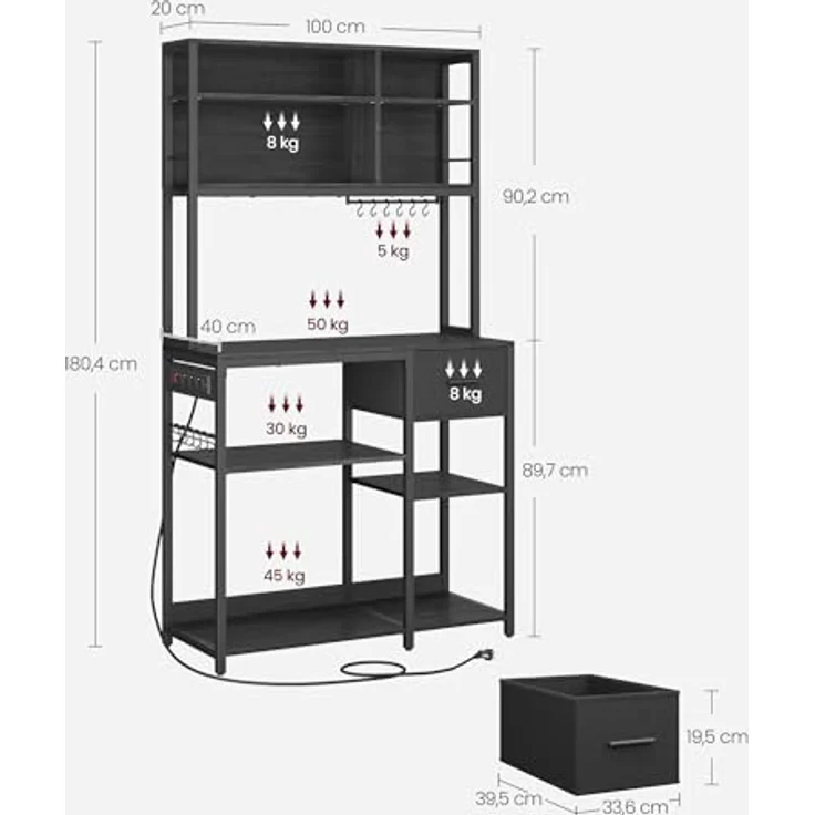 VASAGLE Küchenregal mit Steckdosen, Standregal, Mikrowellen-Regal, verstellbare Ablagen, Stoffschublade, 12 Haken, 40 x 100 x 180,4 cm, für Mikrowellen, Küche – Bild 3