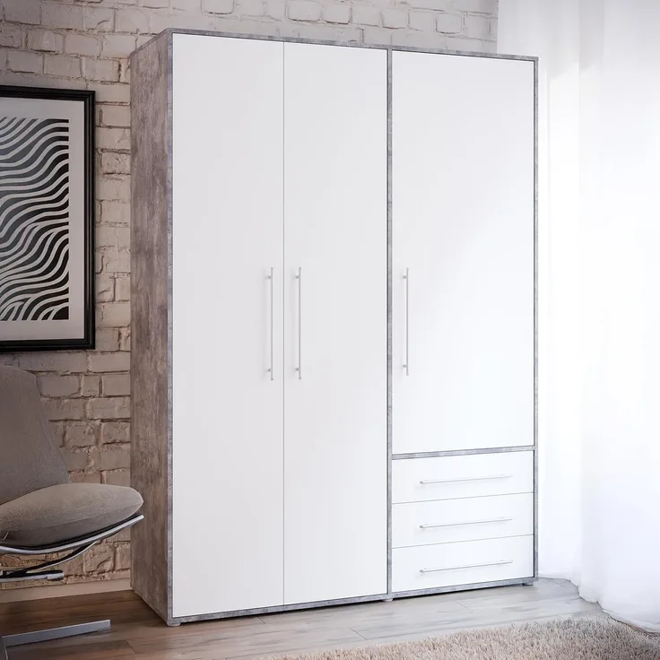 Forte MOKKARO Kleiderschrank 145, Schrank mit 3 Türen und 3 Schubladen, Holzwerkstoff, Weiß/Betonoptik Lichtgrau, 144,4 cm breit, 200 cm hoch, 53 cm tief