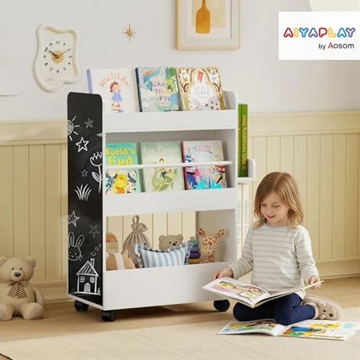 AIYAPLAY Regal doppelseitiges Kinderregal mit 4 Regalen, Bodenfach, 2 Seitenteile, Kinder Bücherregal 1-tlg, mit Tafel, Rollen, für Kinderzimmer, Spielzimmer, für 3–8 Jahre, Weiß – Bild 2