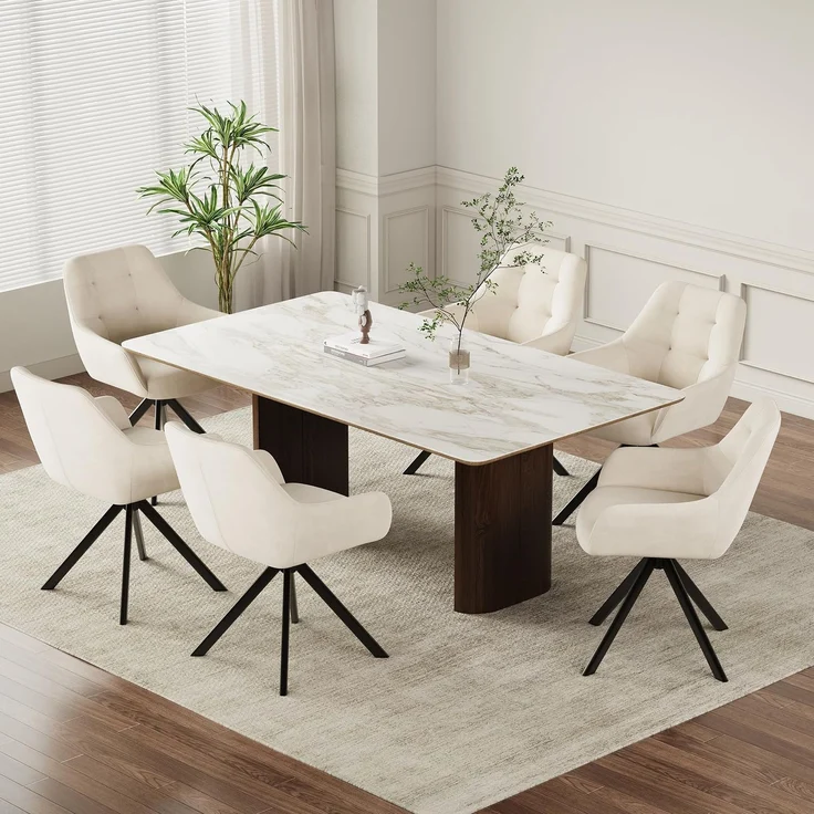COLAMY Drehbare Esszimmerstühle 6er Set, Esszimmerstühle Drehbar mit Armlehne, Armlehnstuhl Drehbar mit Rückenlehne für Esszimmer, Stühle aus Weichem Florstoff mit Metallgestell für Küche, Beige
