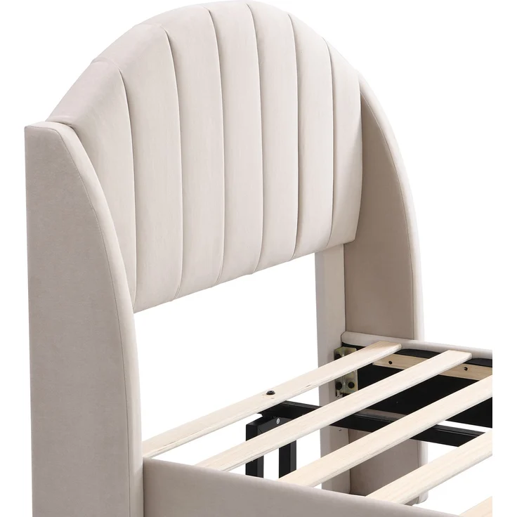 EINHOM Polsterbett 90 x 200 cm mit Lattenrost und Kopfteil, Jugendbett, Einzelbett, Holzlattenunterstützung, Einfache Montage, Samt, Beige, (Ohne Matratze) – Bild 8
