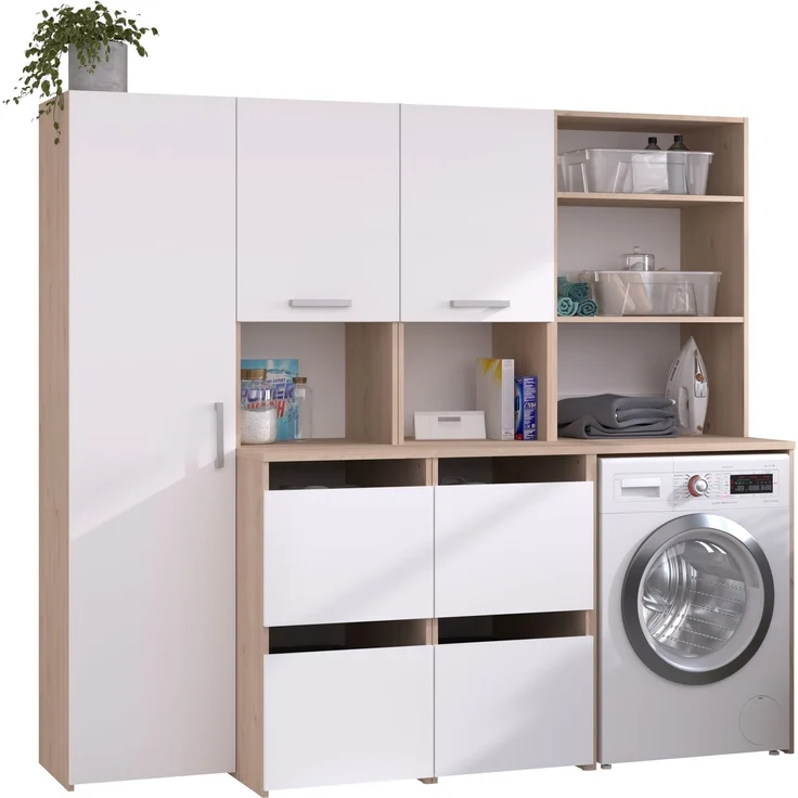 Mehrzweckschrank-Set >Laundry 3< (3-teilig) Weiss / Eiche Dekor - 204x184x67cm (BxHxT) – Bild 2