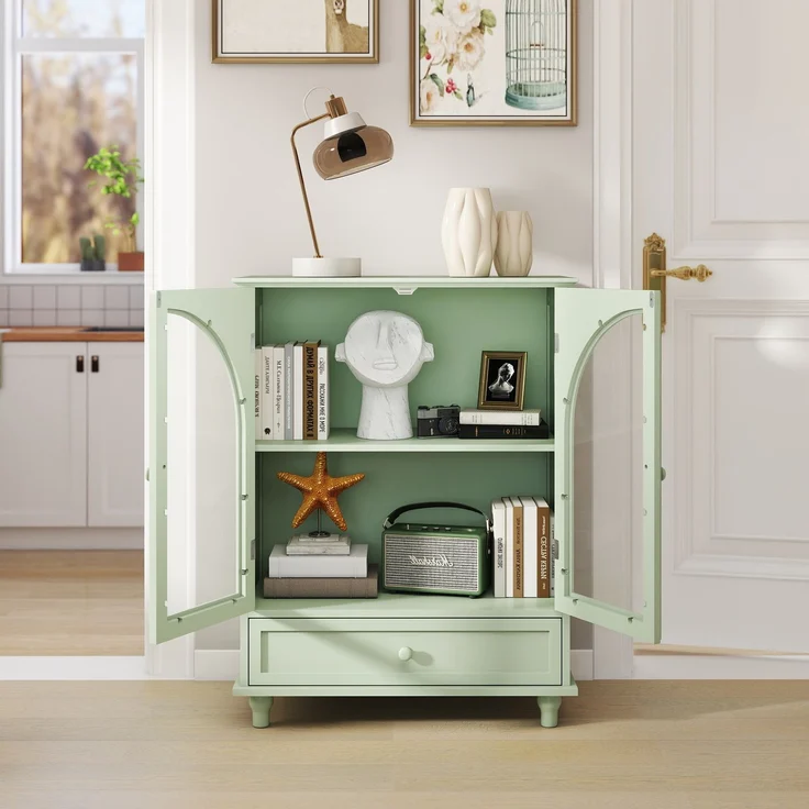 Sideboard B 38 x T 71 x H 93,5 cm aus MDF in Minzgrün mit gewölbten Glastüren und Schublade – Bild 4