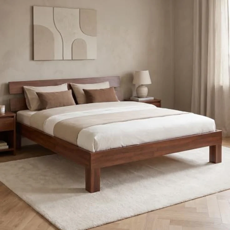 skølm Floki Massivholzbett 180x200 cm aus Eiche - hochwertiges Bettgestell in Walnussoptik - Bettrahmen mit Bettkopf - Holzbett in Natur geölt - Bett geeignet als Doppelbett - Futonbett Schlafzimmer – Bild 1