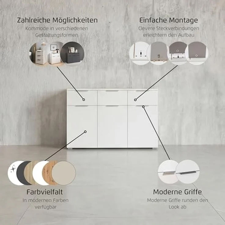Rauch Möbel Alabama, Kommode für Schlafzimmer, Kinderzimmer, Garderobe, Flur, 3-türig, mit 3 Schubladen, Soft-Close-Funktion, Farbe Grau metallic, Schwarz, Maße 120x81x42cm – Bild 4