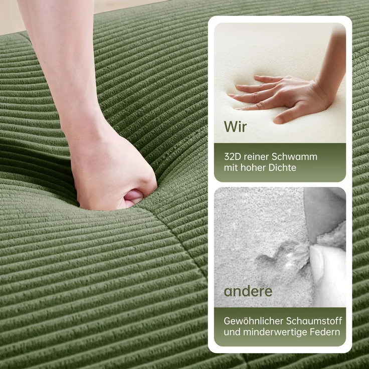 DESVIAE Sofa modular rahmenlos aus Cordstoff Grün mit 32D-Hochdichteschaum, 388 x 103 x 70 cm – Bild 4