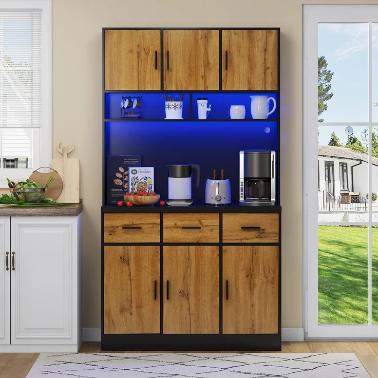 100x40x180cm, multifunktionales Buffet mit LED-Beleuchtung mit APP-Steuerung, Schubladen, verstellbaren Einlegeböden, Kabelführungslöchern und Steckdosen, ideal für Küchen und Esszimmer – Bild 6