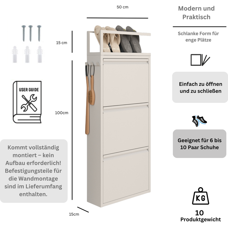 Schuhkipper mit Zubehör, Weiß, 3 Klappen 52x15x118,5 cm, Pantoffelregal, Hakenleiste – Bild 8
