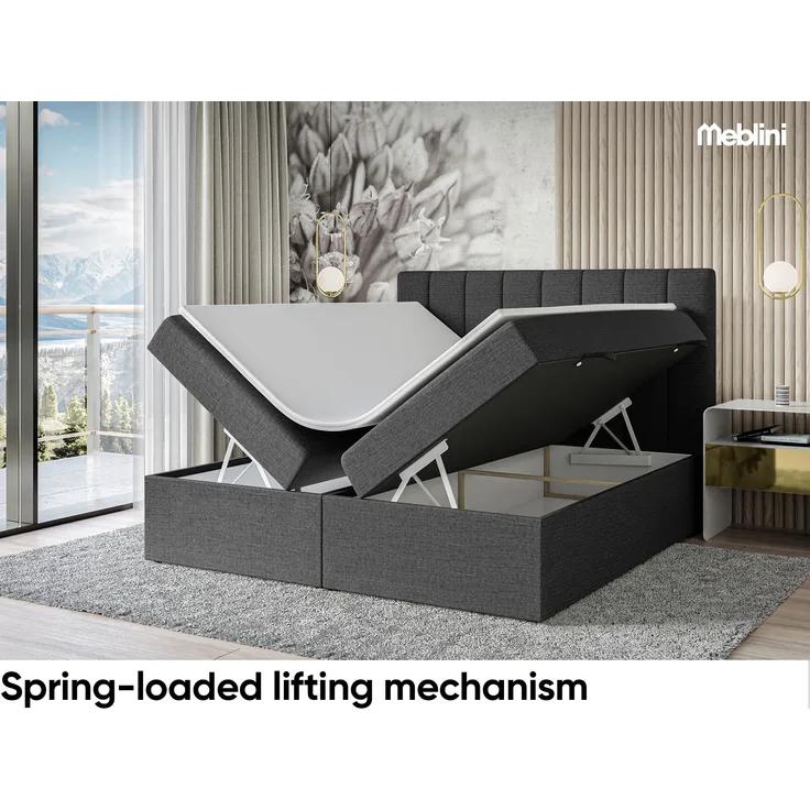 Meblini 'Erling' Boxspringbett mit Bettkasten, Bonellfederkern-Matratze & Topper, Webstoff dunkelgrau, 180x200 cm