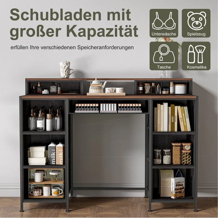 Simurq Schminktisch Vintage‑Schminktisch mit 9 Schubladen, Holzplatte, Metallgestell – Bild 3