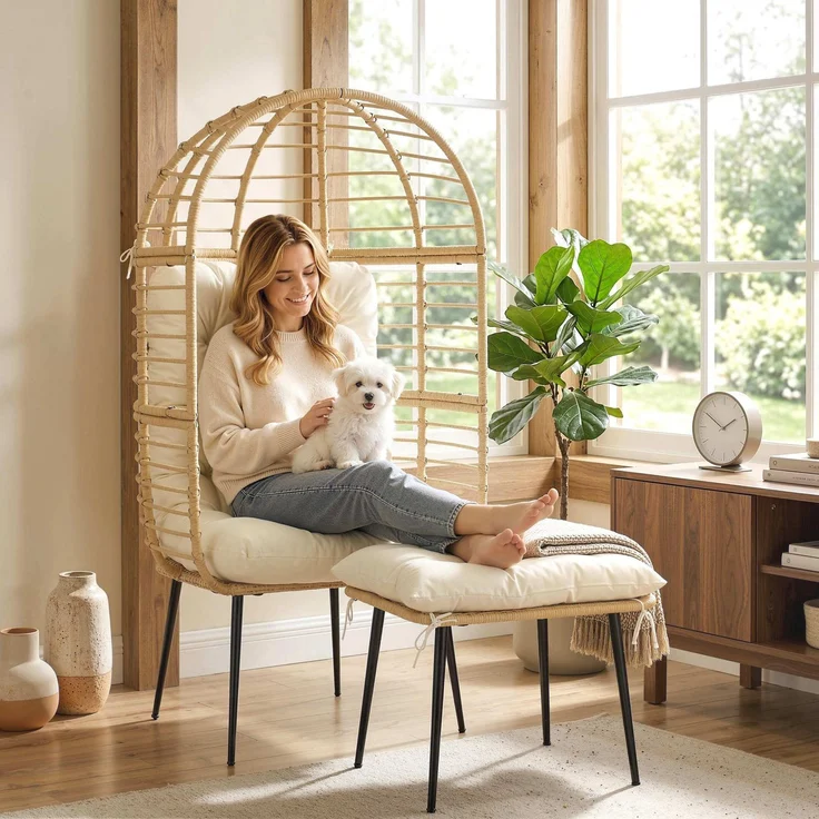 Outsunny Eiersessel, PE-Rattan, Stahl, Beige, 76L x 65B x 147H cm – Bild 9