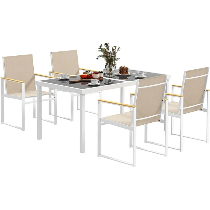 Gartenset mit rechteckigem Esstisch aus Glas und 4 Stühlen mit Armlehnen, mehrfarbig – Bild 1
