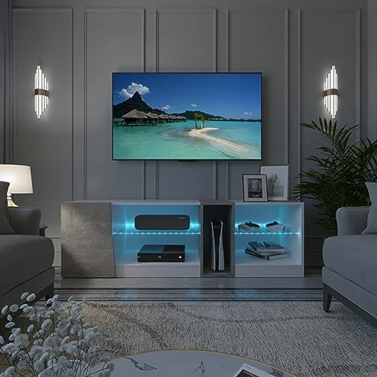 Mondeer TV Schrank, LED TV Lowboard Fernsehtisch mit 5 offenen Fächern und 1 Tür Geeignet, für Wohnzimmer Schlafzimmer, B140 x H45 x T37,5 cm, Weiß und Grau – Bild 7