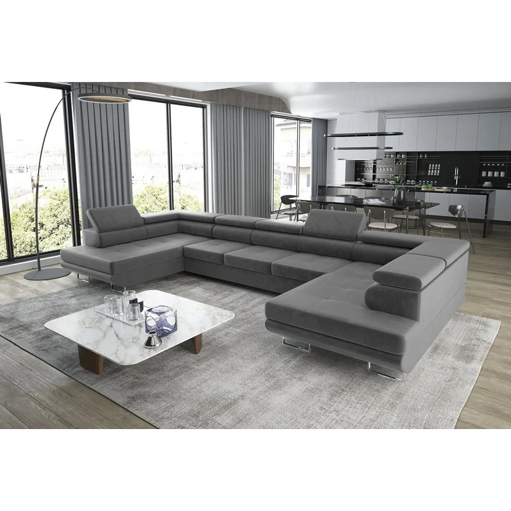 thematys Ecksofa Aston U 403 x 203 cm, mit Schlaffunktion, mit Bettkasten, mit verstellbaren Kopfstützen, Grau (Monolith 85), Ausrichtung 390 cm|350 cm – Bild 1