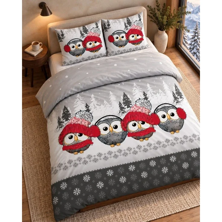 One Home Bettwäsche Süße Eulen im Wintermotiv, Flanell, 4 teilig, Schneeflocken Weihnachtlich, Baumwolle Biber kuschelig warme weiche – Bild 3