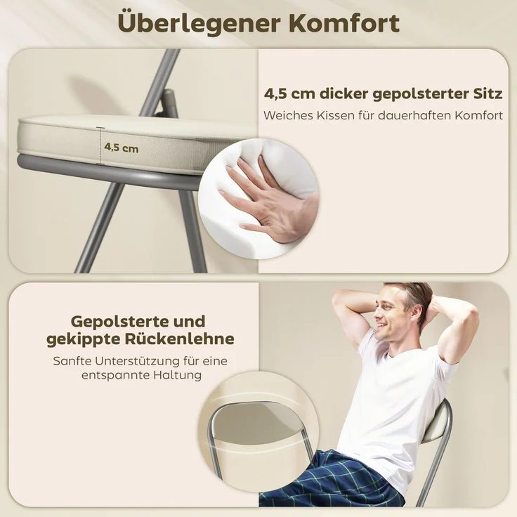 MELAYR, 4er-Set gepolsterte Klappstühle, Faltbare Stühle mit Cordbezug, Rückenlehne, 48.5 x 45 x 82 cm, Cremeweiß – Bild 6