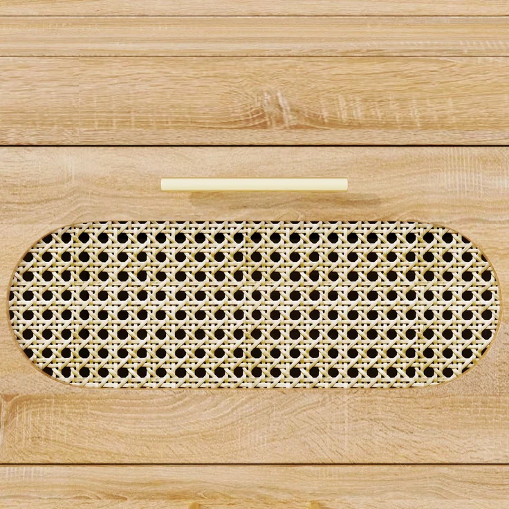Bartisch mit 6 Schubladen & PE Rattan Türen, 360° drehbarer Stehtisch mit Kippsicherung, viel Stauraum, Metallgriffe, Bistrotisch für Wohnzimmer, Küche, Esszimmer, Arbeitsbereich--Natürlich--140x46.99x14cm--YOUDENOVA – Bild 8