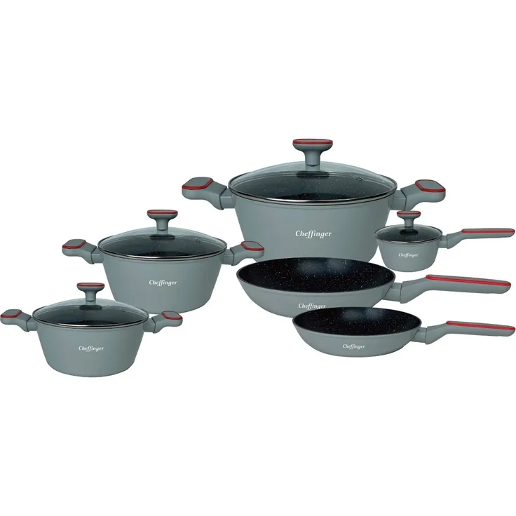 Kochtopf Kasserolle Bratpfannen Set 10-tlg grau + Deckel Cheffinger FA-2010G