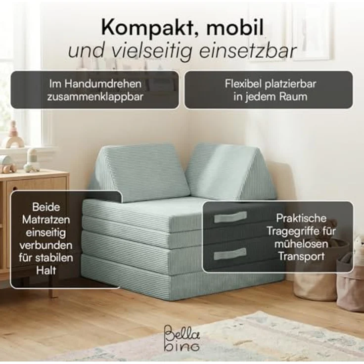 Bellabino 'Nile' Spielsofa mit Toren, 8-tlg, Cord, türkis, faltbare Kindercouch, abnehmbarer & waschbarer Bezug, Kindersofa aus Schaumstoff – Bild 8