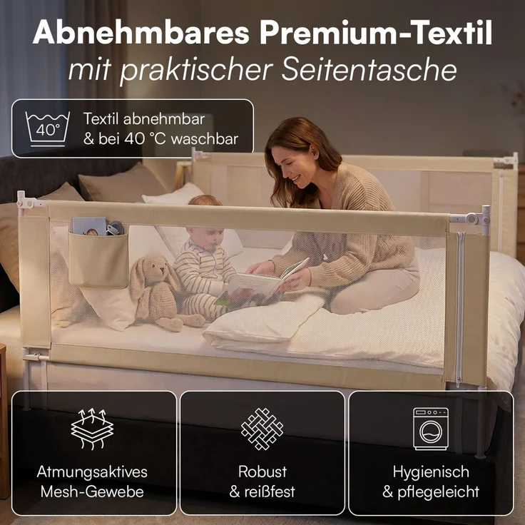 Bellabino 'Drina' Bettschutzgitter mit 2 Sicherheitsgurten, Rausfallschutz klappbar & höhenverstellbar, aus Oxford-Stoff & Metall, 180 cm, beige – Bild 5
