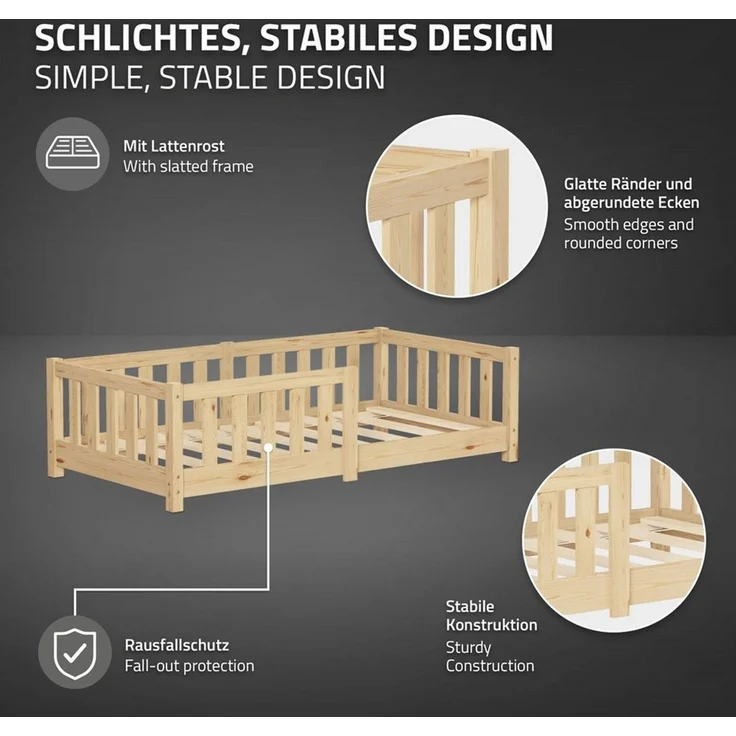 ML-DESIGN Spielbett Bodenbett Holzbett mit Lattenrost & Rausfallschutz Jugendbett Babybett, Abenteuerbett mit Matratze H-10 cm 70x140cm Kinderbett Bettgestell – Bild 4