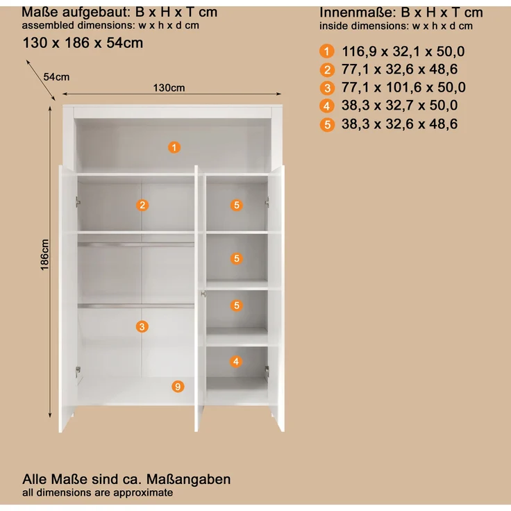 Trendteam 'Olivia' 3-trg. Kleiderschrank, weiß, mit 2 Kleiderstangen und 6 Ablagefächern – Bild 9