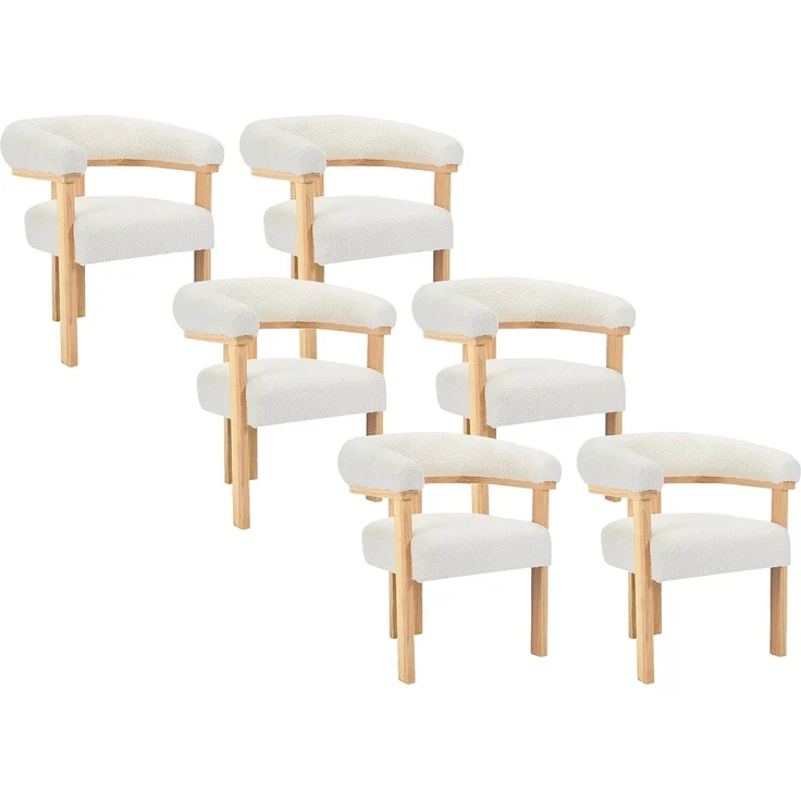 Vente-unique - Stuhl mit Armlehnen 6er-Set - Bouclé-Stoff & Kautschukholz - Weiß & Holzfarben - LIVELIA von Pascal MORABITO – Bild 3