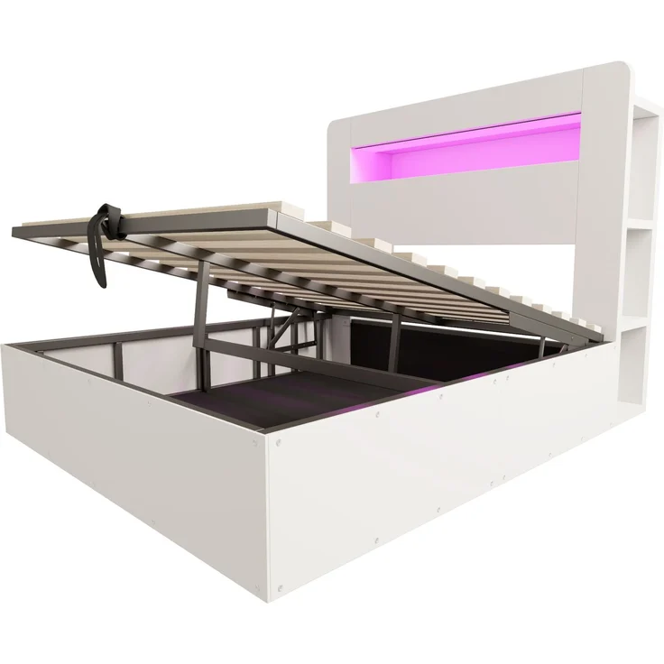 Bettgestell mit Stauraum aus Holz, hydraulischem Hubsystem, LED-Kopfteil, integrierten Steckdosen und Staufächern, modernes Plattformbett in Weiß 140*200 – Bild 9