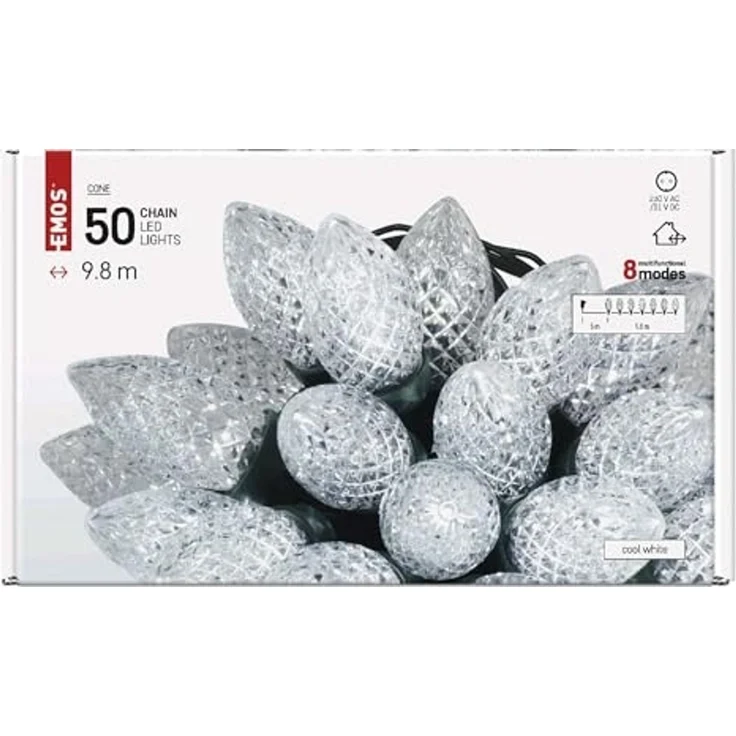 EMOS LED-Lichterkette im Retrostil, 9,8m Weihnachtslichterkette + 5m Zuleitung, 50 LEDs, 8 Lichtmodi, Netzteil, IP44 für Innen und Außen, Kaltweiß – Bild 7