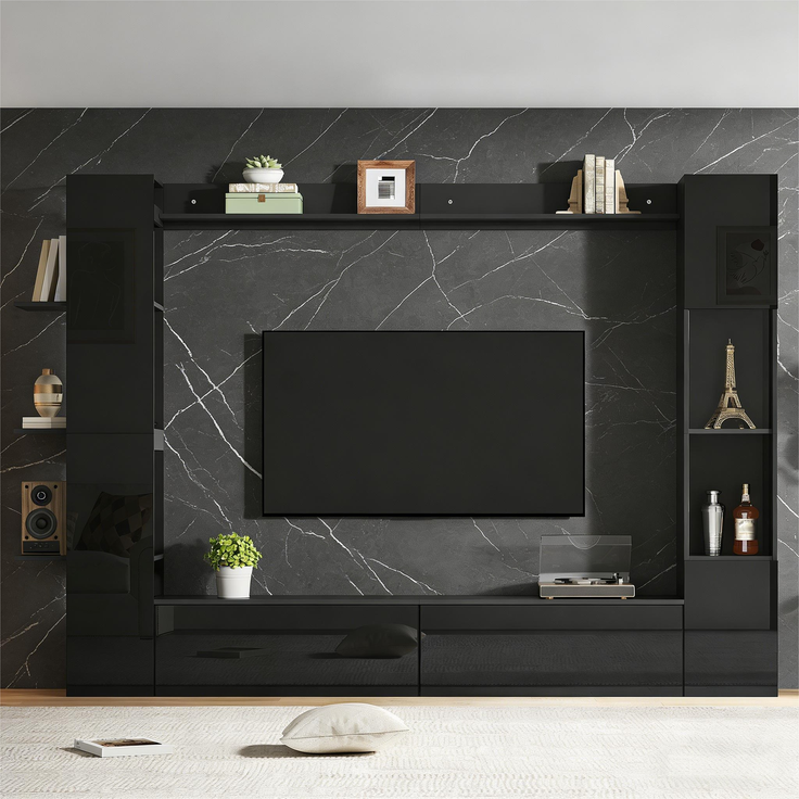 Wohnwand , Vitrinen Türanschlag wechselbar,(Set, 4-St), Kompaktwohnwand mit viel Stauraum,TV-Schrank, Vitrine, Aufbewahrungsschrank, speziell für das Wohnzimmer,Schwarz--Schwarz--245x30x170cm--YOUDENOVA – Bild 7