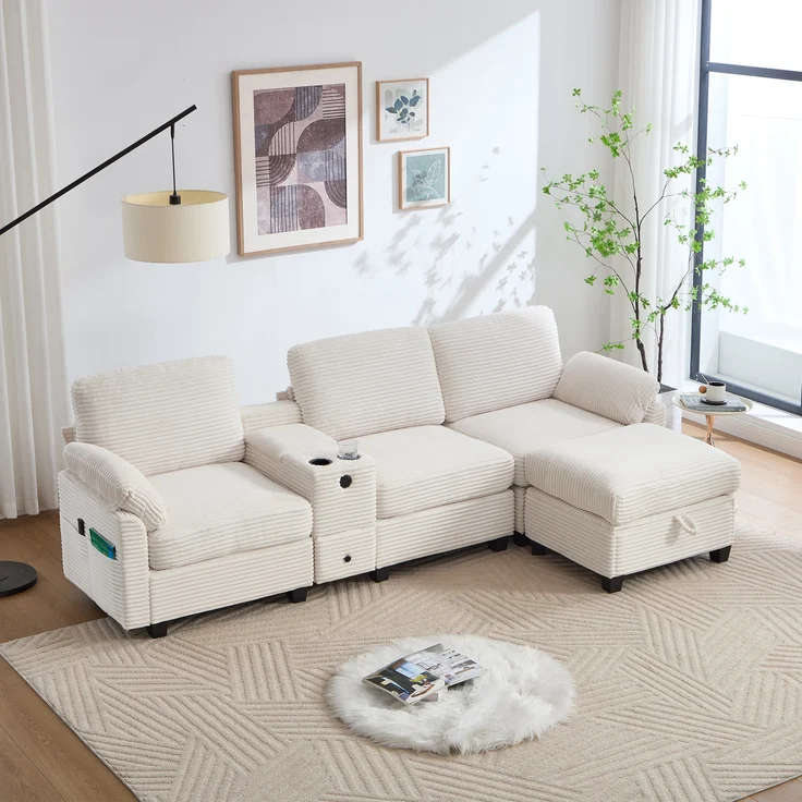 LVHOM 3-Sitzer Sofa mit Hocker, L-Form Ecksofa mit Stauraum, USB-C-Anschluss und 2 Getränkehaltern, modulares Sofa, Beige – Bild 9