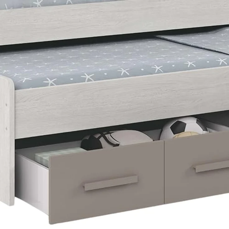 Dmora - Kinderbett Spokane, Bettgestell für Schlafzimmer, Einzelbett mit ausziehbarem Bett und 4 Schubladen, 198 x 96 x 69 cm, Weiß und Braun – Bild 6