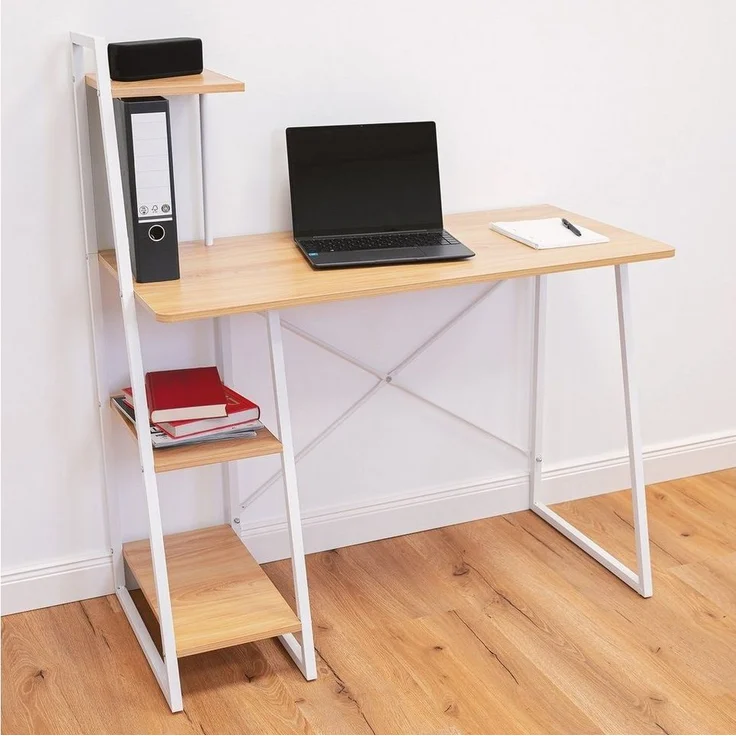 kamelshopping Regal-Schreibtisch Schreibtisch mit Aufbewahrungsregal, MDF Holz Arbeitsplatte, Metallgestell, weiß, integriertes Regal, Holz-Optik – Bild 3