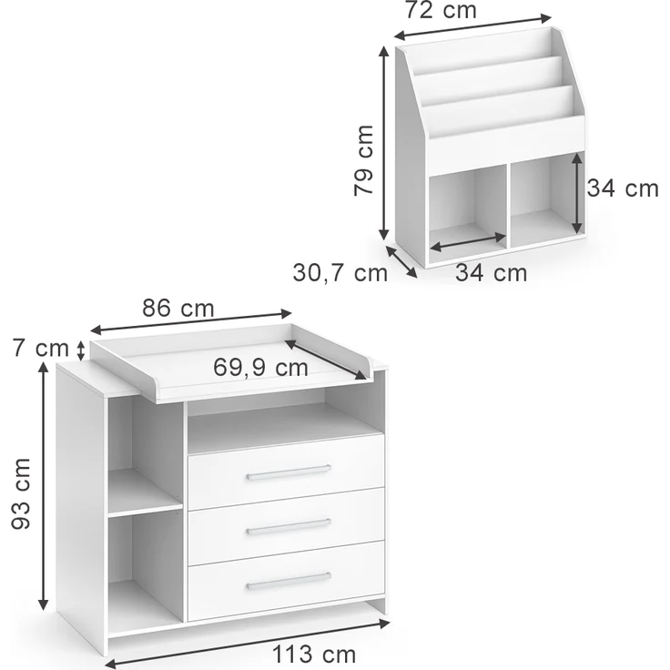 Kinderzimmer-Set Oskar Weiß 2 Teile, mit Wickelkommode und Bücherregal Vicco – Bild 3
