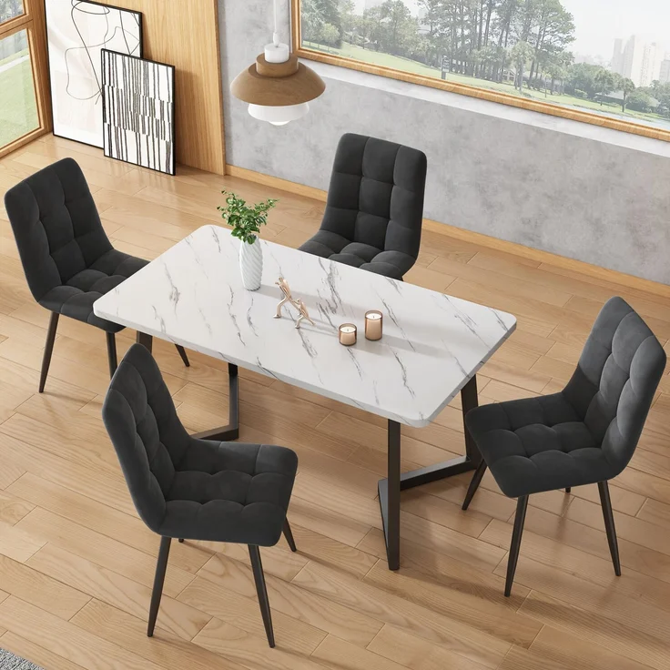 Merax Essgruppe, (Set, 5-tlg, Tisch mit 4 Stühlen), Esstisch und 4 Esszimmerstuhl Set Polsterstühle Küchetisch Marmoroptik, Grau – Bild 2