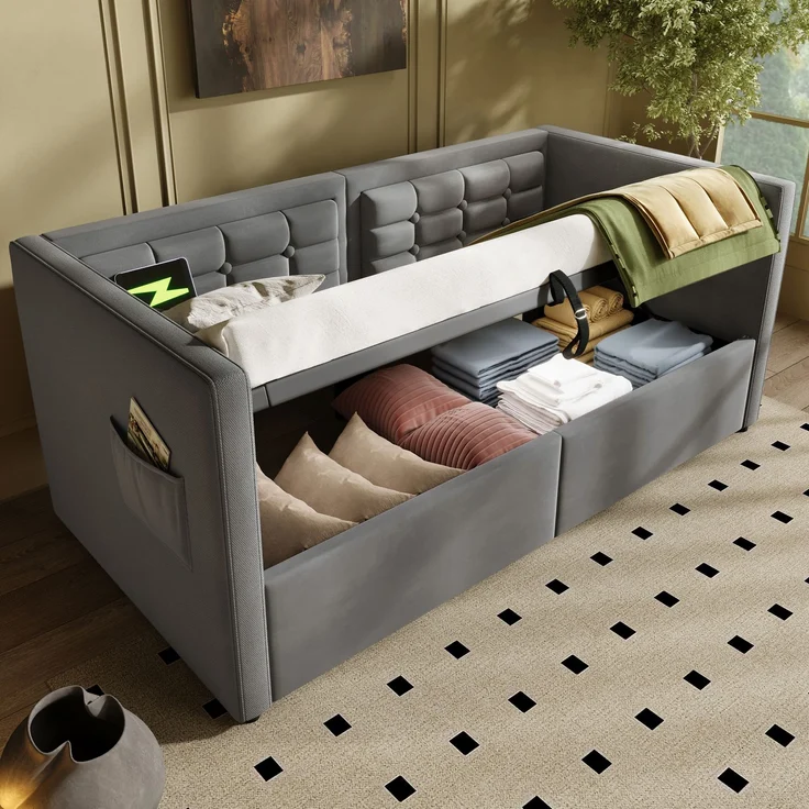 Polstertes Schlafsofa 205×106×75cm,Samt mit hydraulischem Stauraum, USB- & Type‑C‑Ladestation,Grau – Bild 6